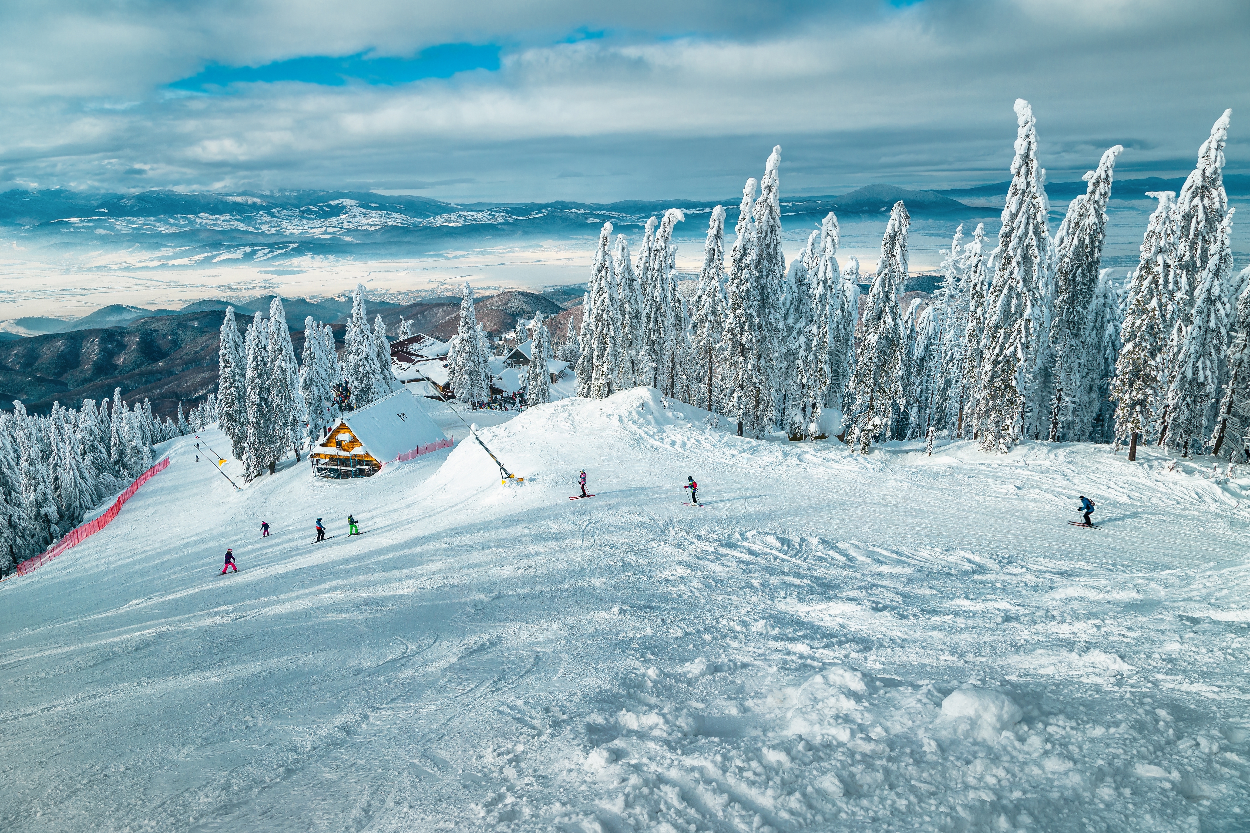 checkyeti-winter-adventure-ski-snowboard-lessons-rental Skiers enjoying a snowy mountain slope surrounded by pine trees – compare ski schools, book lessons and rent ski equipment on checkyeti.