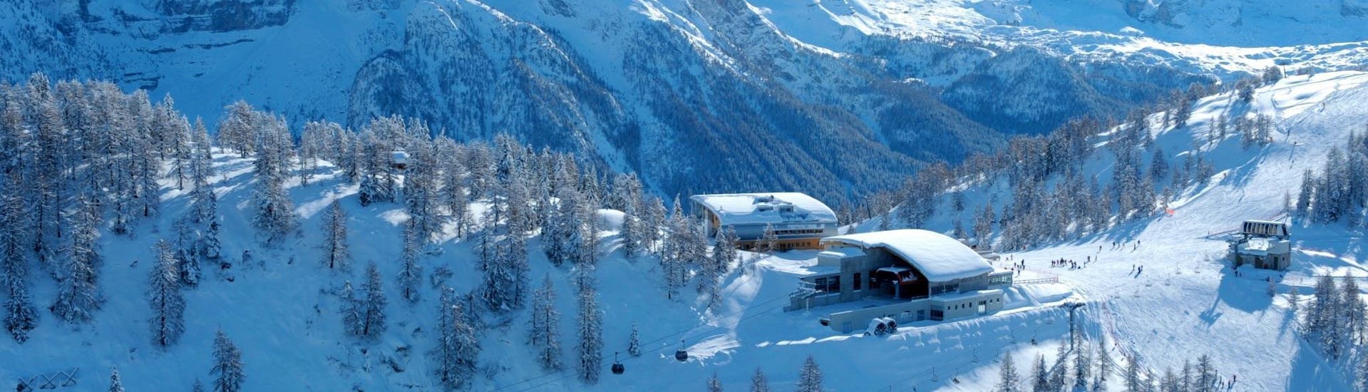 Top view of the Marilleva ski resort where Scuola Italiana Sci Marilleva is doing ski lessons.