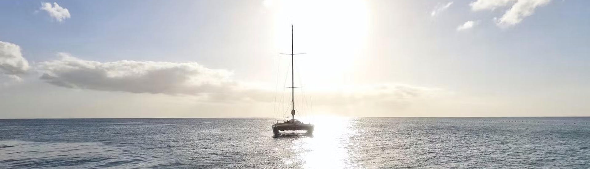 Un elegante catamarán ecológico navegando por el Mar de Alborán en un día soleado durante un viaje en velero desde Málaga con Mundo Marino Costa del Sol.