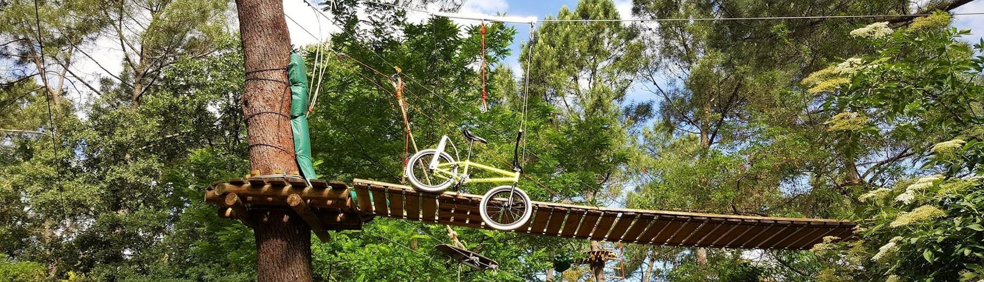 Un exemple d'obstacle dans les arbres avec un vélo dans le parc accrobranche de Accroche toi aux branches dans les gorges de l'Ardèche.