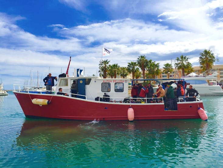 The boat of Alpha Beluga Plongée in the Fréjus harbour ready to head to one of the dive sites around the Esterel Massif where are taking place trial dives and diving courses.