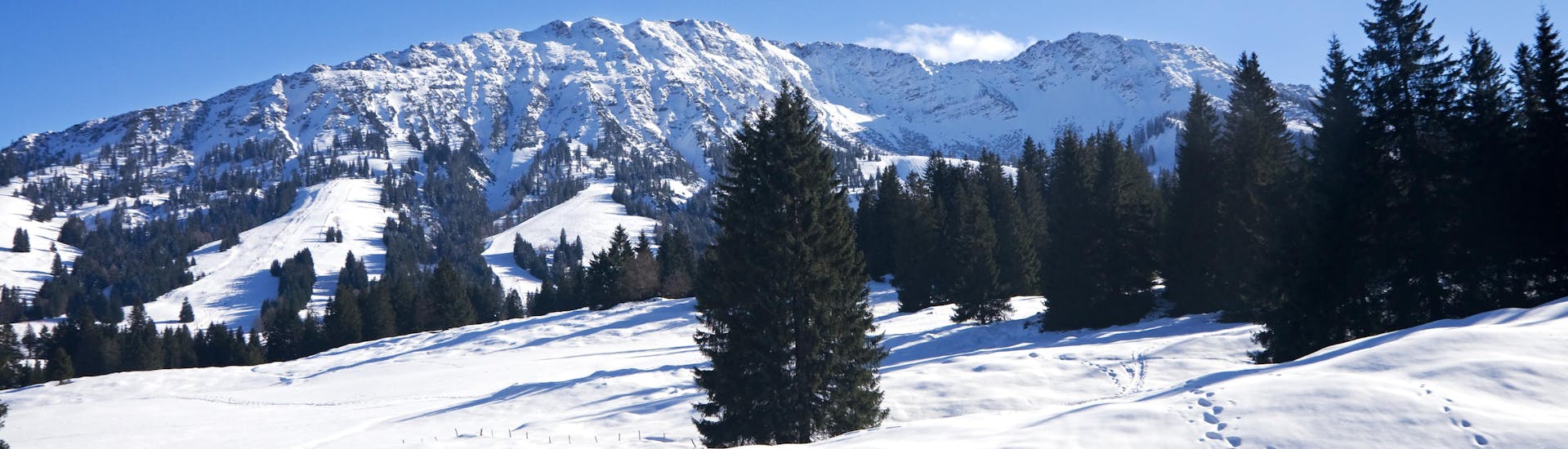 Vista del paisaje soleado de la montaña durante un curso de esquí con las escuelas de esquí en Bad Hindelang.