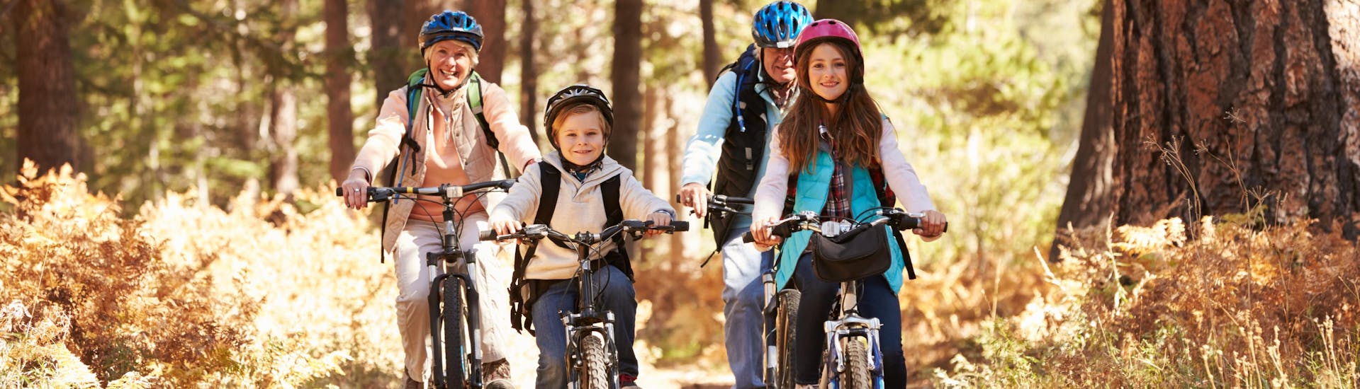 Eine Familie fährt mit geliehenen Fahrrädern des örtlichen Fahrradverleihs durch den Wald.