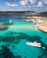 An aerial view of the crystal clear waters you can witness on a boat tour to the Blue Lagoon on Comino.