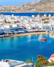An image of the harbour of Mykonos Town, a common departure point for boat tours on Mykonos.