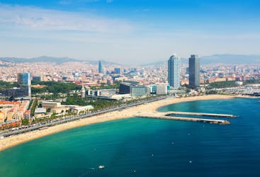An aerial view of the Barcelona waterfront that you can see on a boat trip in Barcelona.