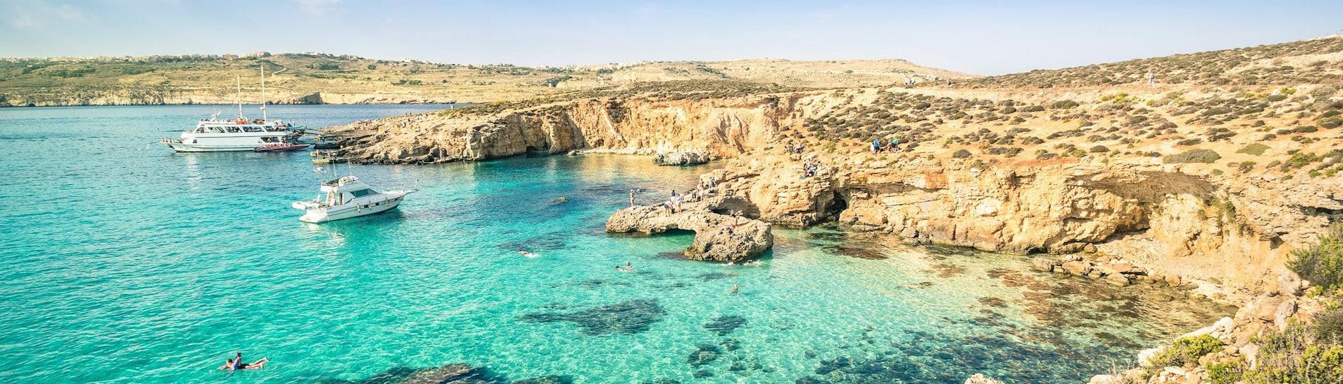 View of the famous Blue Lagoon, which is a popular destination for boat trips from Bugibba, Malta.