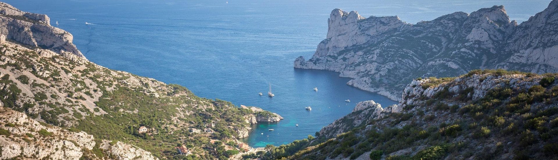 View over the Calanque of Sourmiou, which is a popular destination for boat trips in the Calanques National Park.