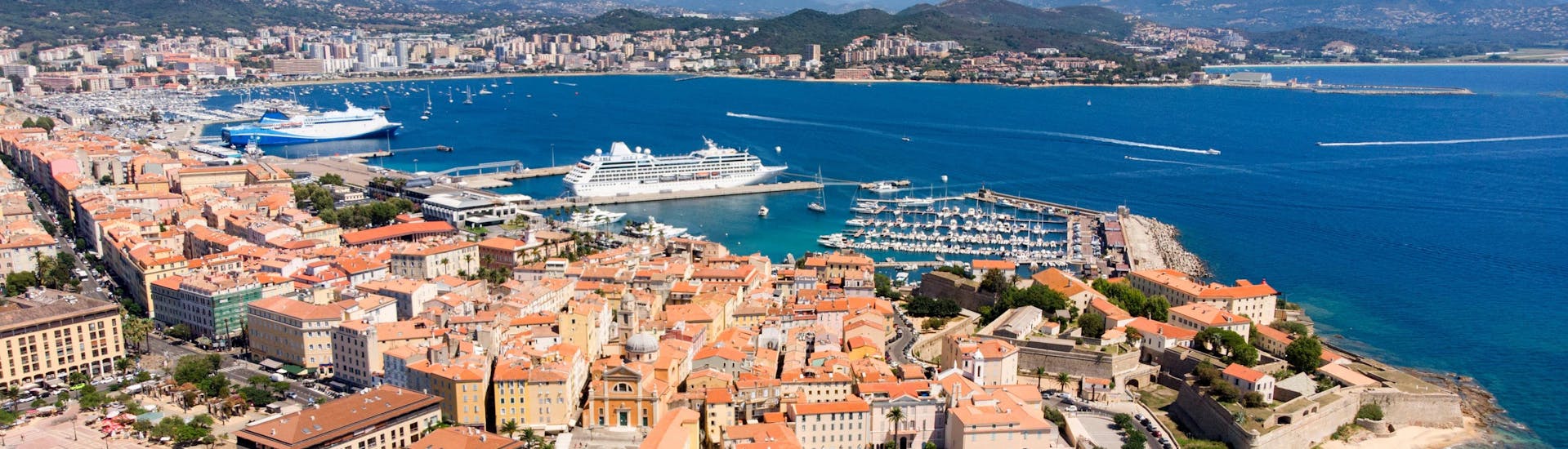 The port and the bay of Ajaccio, where many boat trips around the island of Corsica are starting.