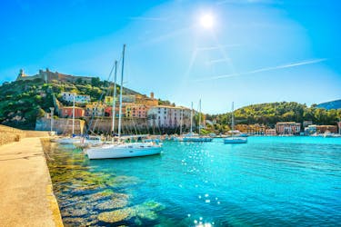 View of the boats in the Argentario coast during the summer time.