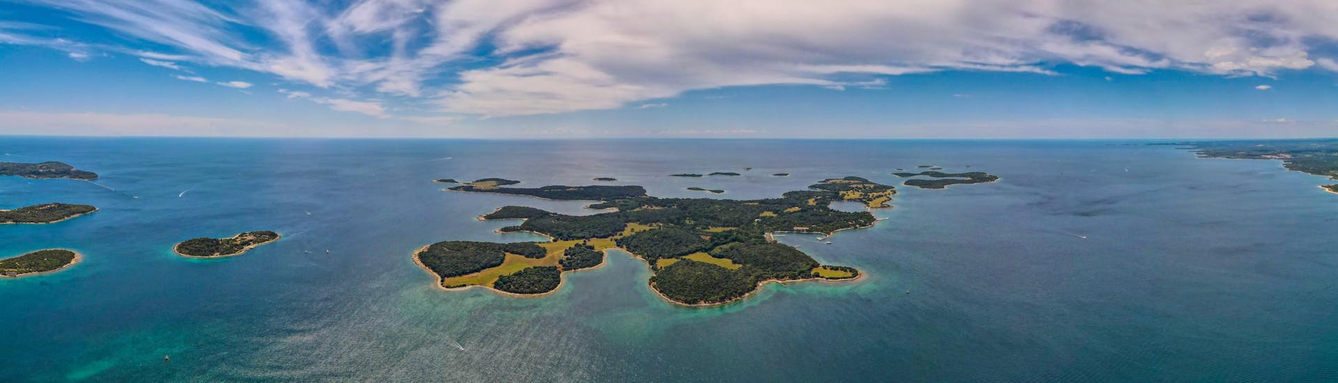 Panoramic view of Bijuni National Park, Istria, a popular destination for boat tours. 