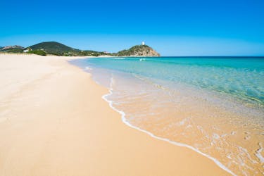 View of the wonderful Chia beach, a prime location for boat trips in the south of Sardinia, Italy.