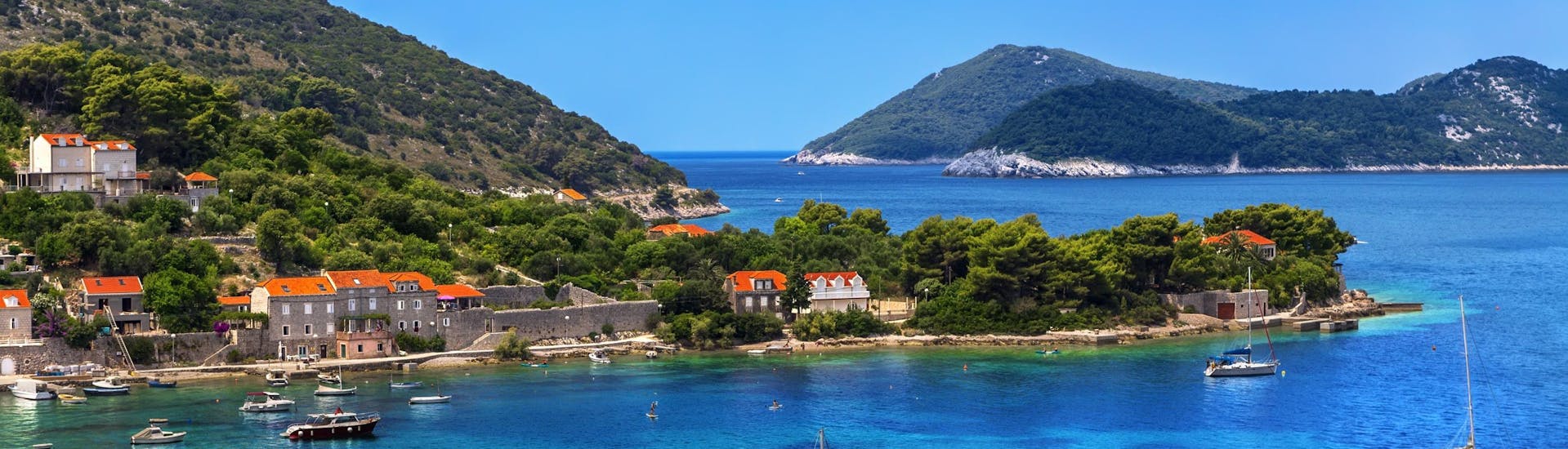 Immagine dell'isola di Kolocep, parte delle isole Elafiti vicino alla costa di Dubrovnik, una destinazione popolare per le gite in barca.