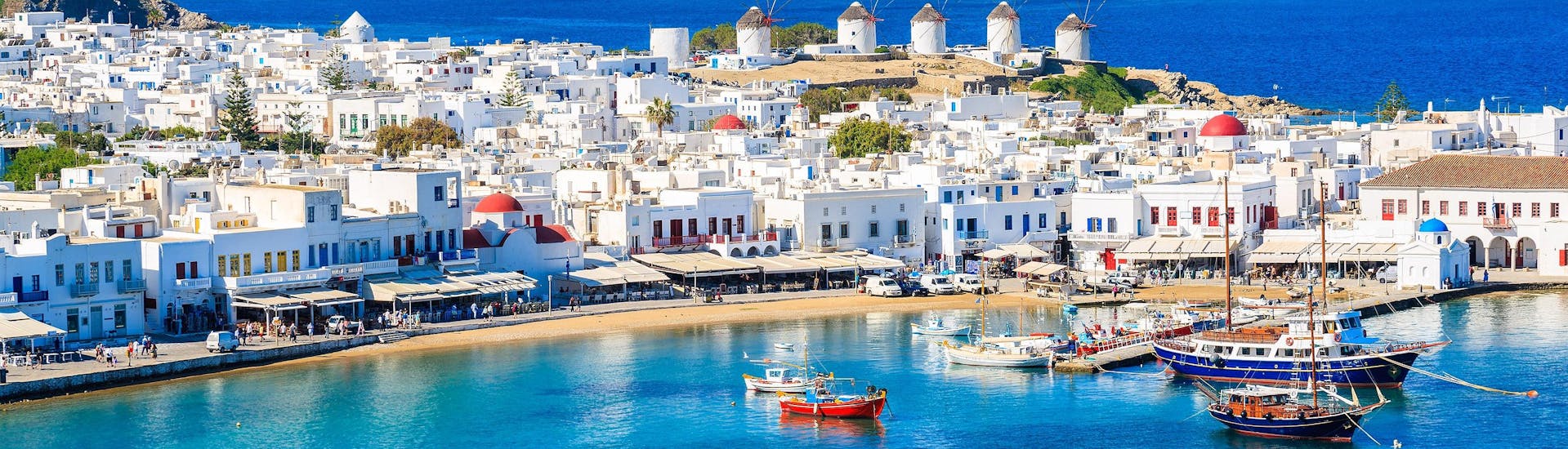 View of the picturesque port of Mykonos, a popular starting point for boat trips around the island of Mykonos.