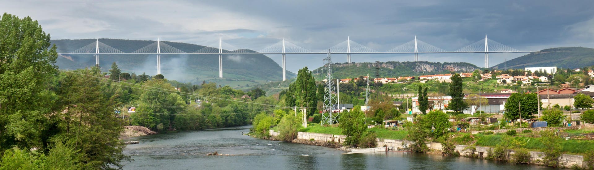 View of the Millau bridge under which flows the Tarn river, a popular destination to do canoeing.