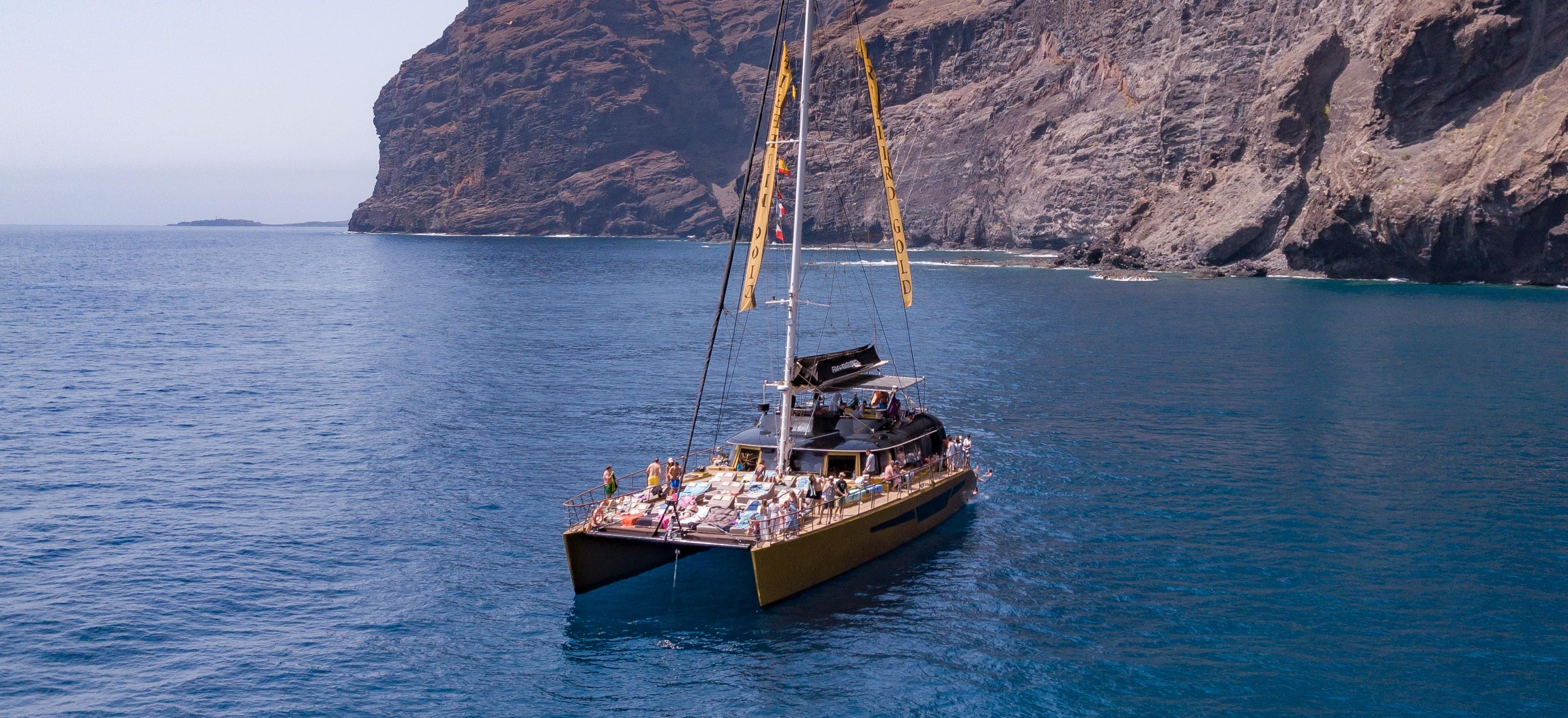 A Freebird catamaran sailing near the coastline of Tenerife.
