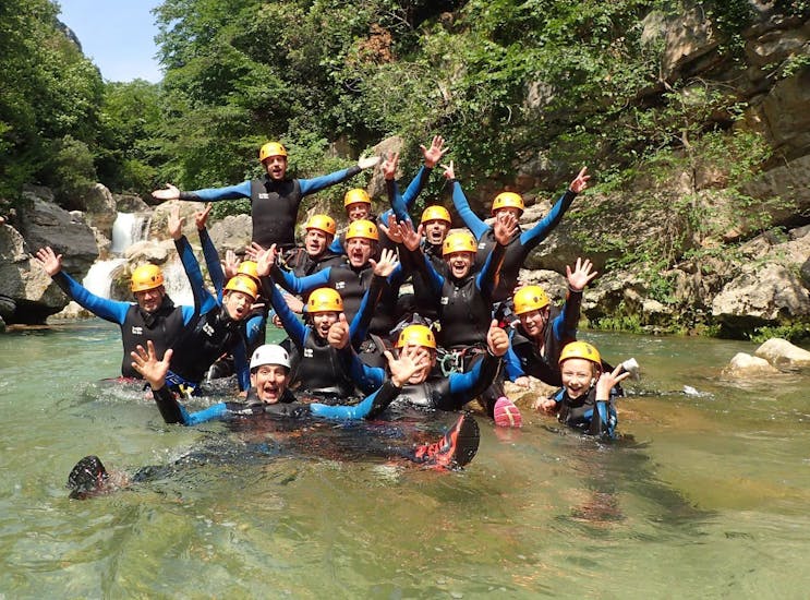 A group of friends are having a great time during their canyoning descent with FunTrip in the Alpes-Maritimes.