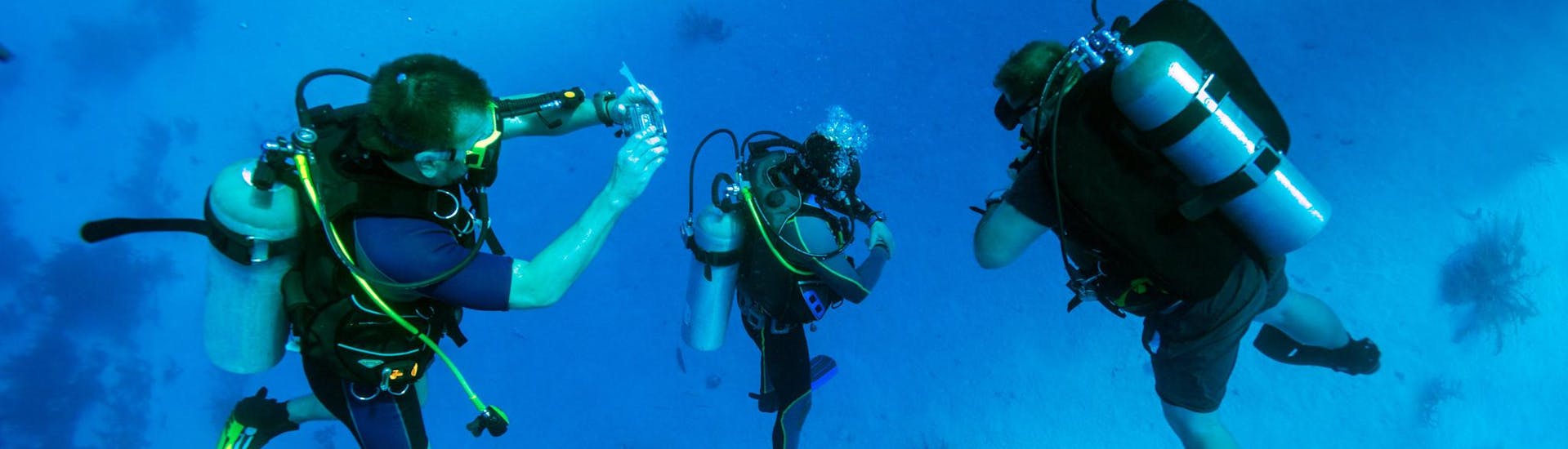 Two divers being guided by an experienced guide during an activity.