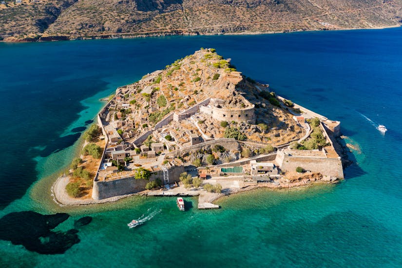 View from the sky of Spinalonga that you can visit during one of the trips provided by Indigo Cruises Elounda.