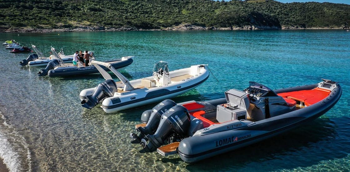 The RIB Boats of Nautic Evasion Cargèse, on the water, available for rent.