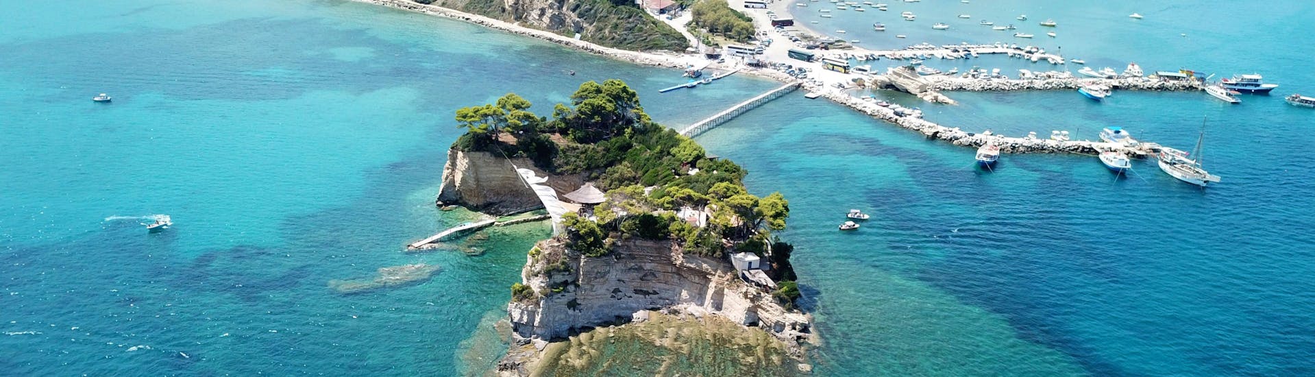Top view of Laganas bay, Zakynthos, with the wooden bridge to Cameo Island. 