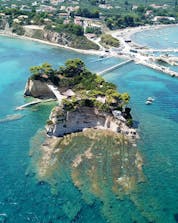 Top view of Laganas bay, Zakynthos, with the wooden bridge to Cameo Island. 