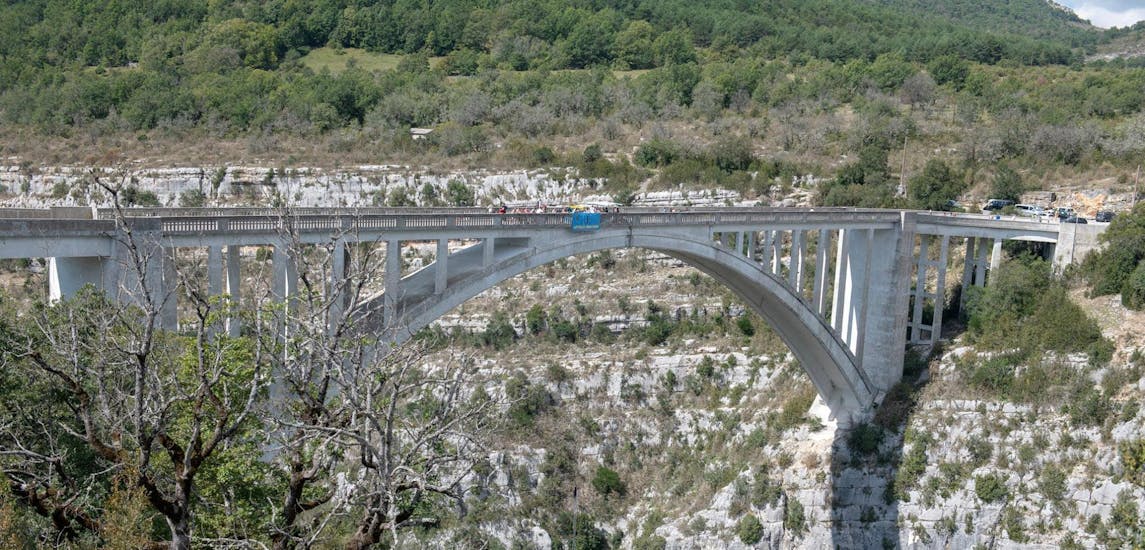 View of the Artuby Bridge in the Gorges du Verdon, 182m high, where people do bungee jumping with Latitude Challenge.