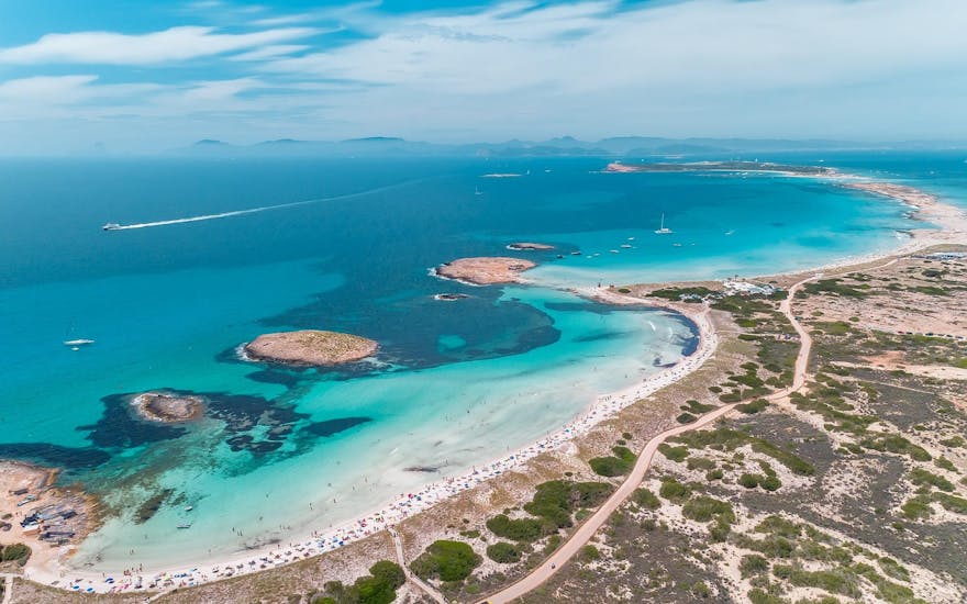 View from the sky of the coast that you will explore with Sea Experience Ibiza.