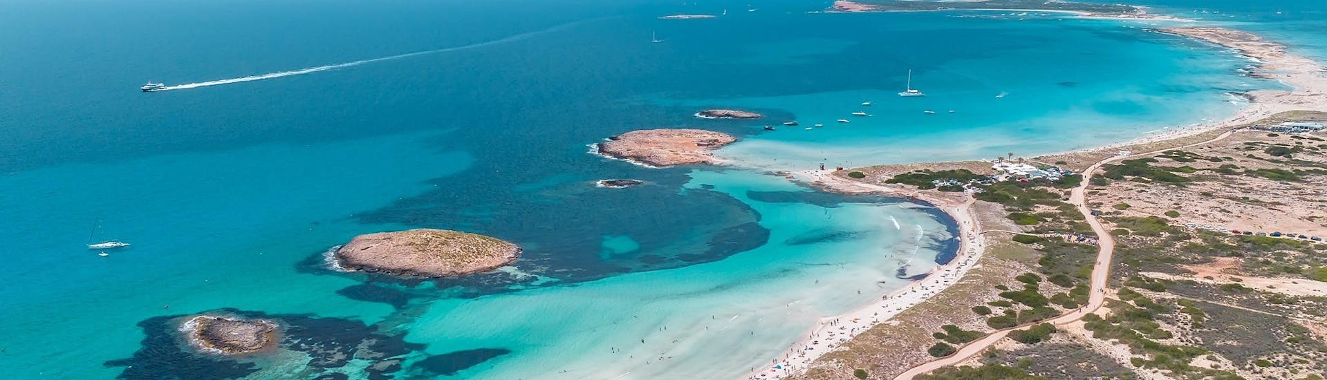 View from the sky of the coast that you will explore with Sea Experience Ibiza.