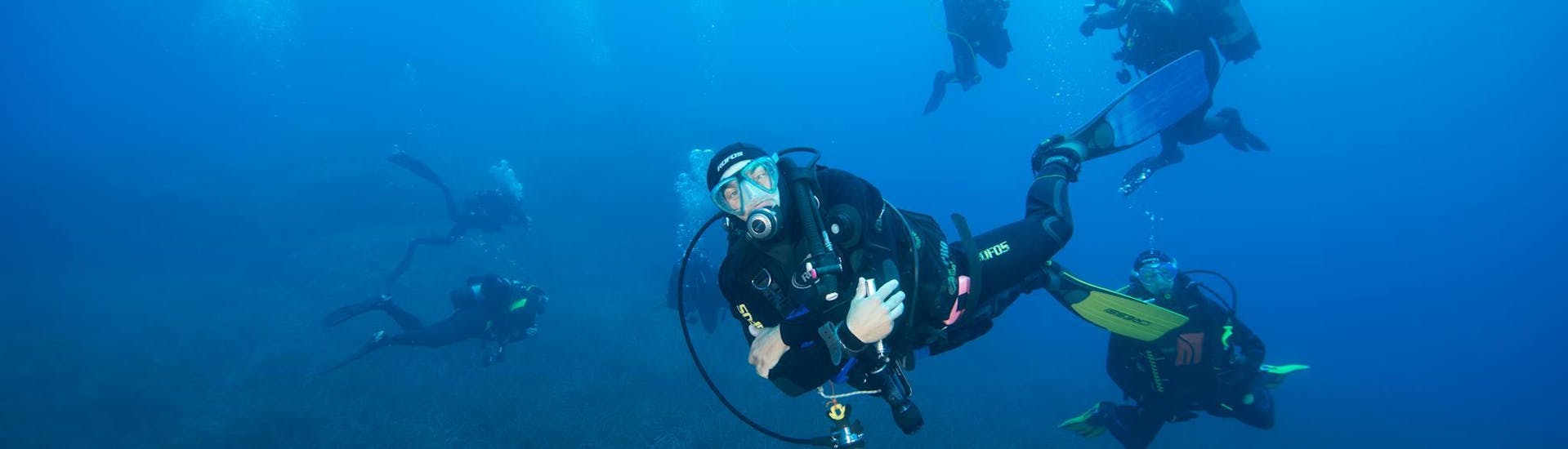 Un subacqueo sott'acqua in posa per la foto durante un'immersione con Marina di Campo Diving Elba.