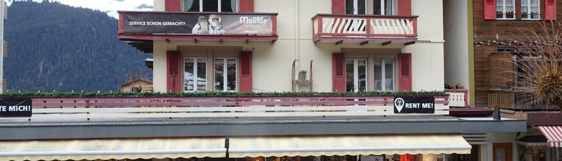 The outside of Ski Rental Molitor Wengen, where you can rent skis and snowboards.