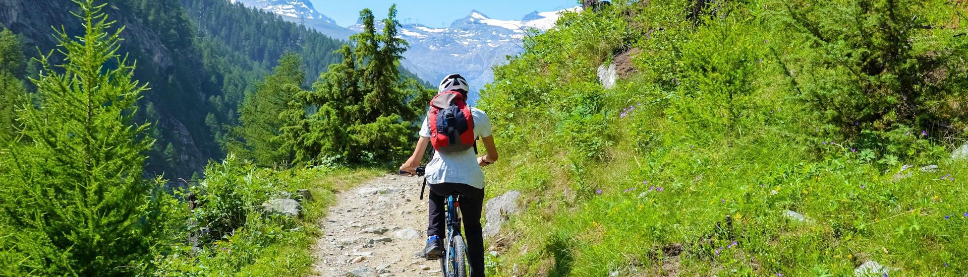 A woman is riding her rental bike in Valais in Switzerland.