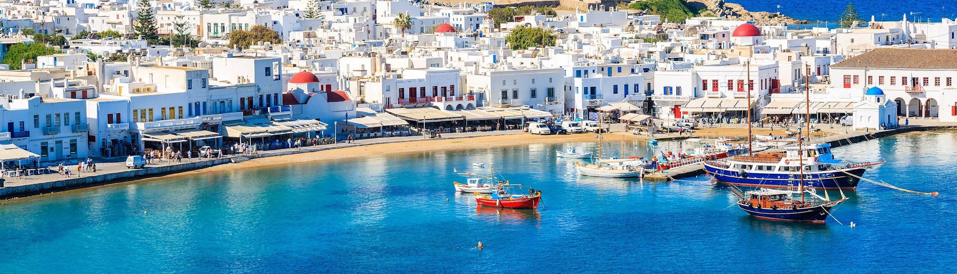Picture of Mykonos harbour, a popular destination for boat trips. 