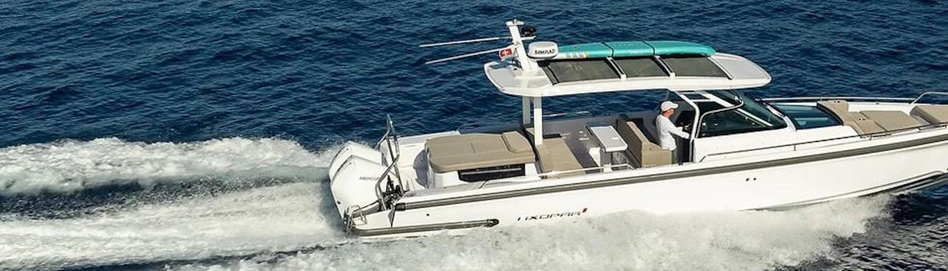 The Axopar 37 Meditterana speedboat of Nautiful Malta on the water. 