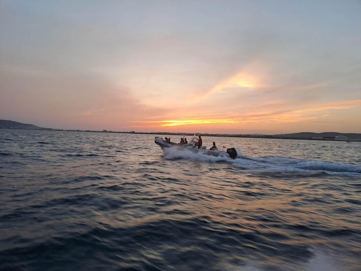 Thau Excursions' RIB boat on the sea at sunset.