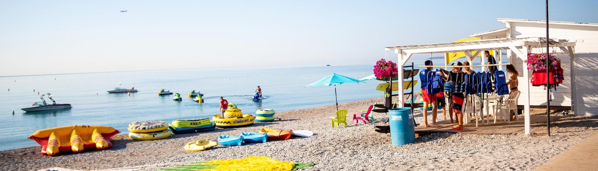 View of the beach in front of Plage des Marines's base in Villeneuve-Loubet and Cagnes-sur-Mer where watersport activities take place.