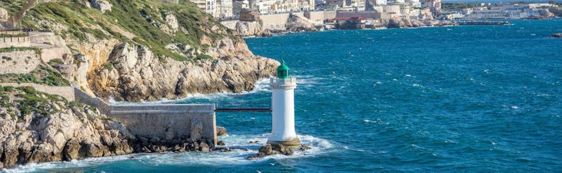 View of the coast and lighthouse of Porticcio in France.