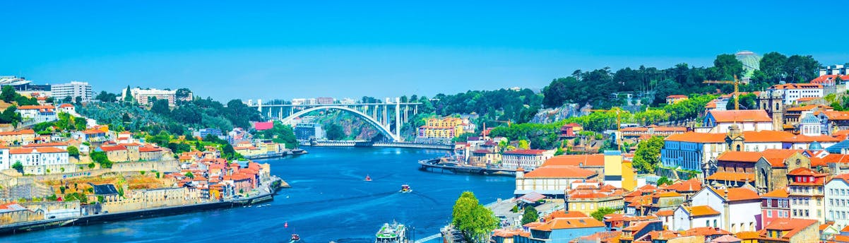 Porto SEM Hero Grupo de personas divirtiéndose durante un paseo en barco en Oporto.