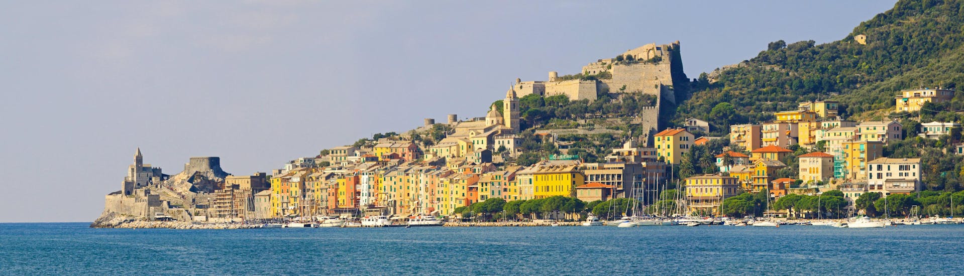 View of the pier of Porto Venere, Italy, a popular destination for boat trips.