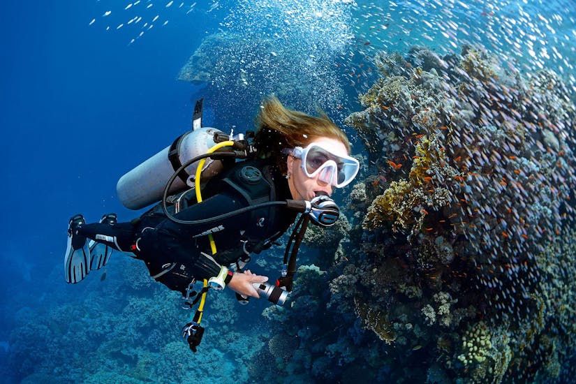 A woman diving with beautiful fish around her in Crete with Poseidon Diving Club Crete 