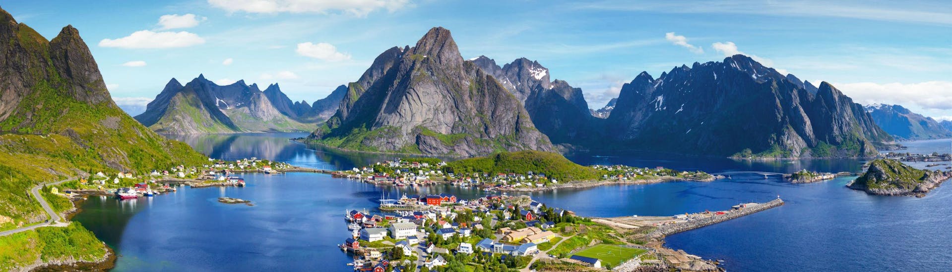 A view of the fishing village of Reine on the Lofoten Islands, an archipelago where visitors can enjoy rafting and canyoning tours.