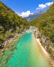 An image of the stunning landscape visitors are able to witness when rafting in Soča Valley.