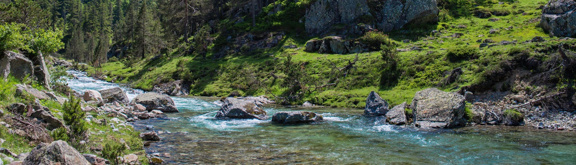Une rivière coule au milieu d'un paysage verdoyant au milieu des Pyrénées, une destination prisées pour le rafting en France.