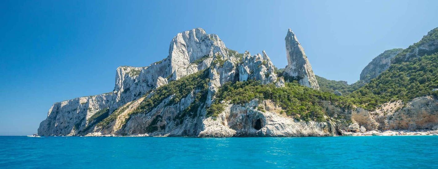 The coast of Cala Goloritzé viewed from the boat during the RIB boat rental in Arbatax with Rocce Rosse.