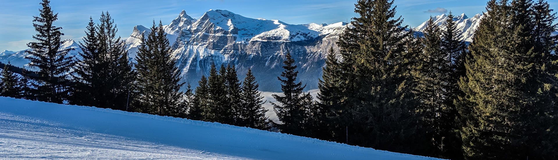 Une image d'une piste de ski fraîche dans la station de ski française Les Carroz, un endroit apprécié pour aller skier dans le Grand Massif où les visiteurs peuvent réserver des cours de ski avec l'une des écoles de ski de la région.