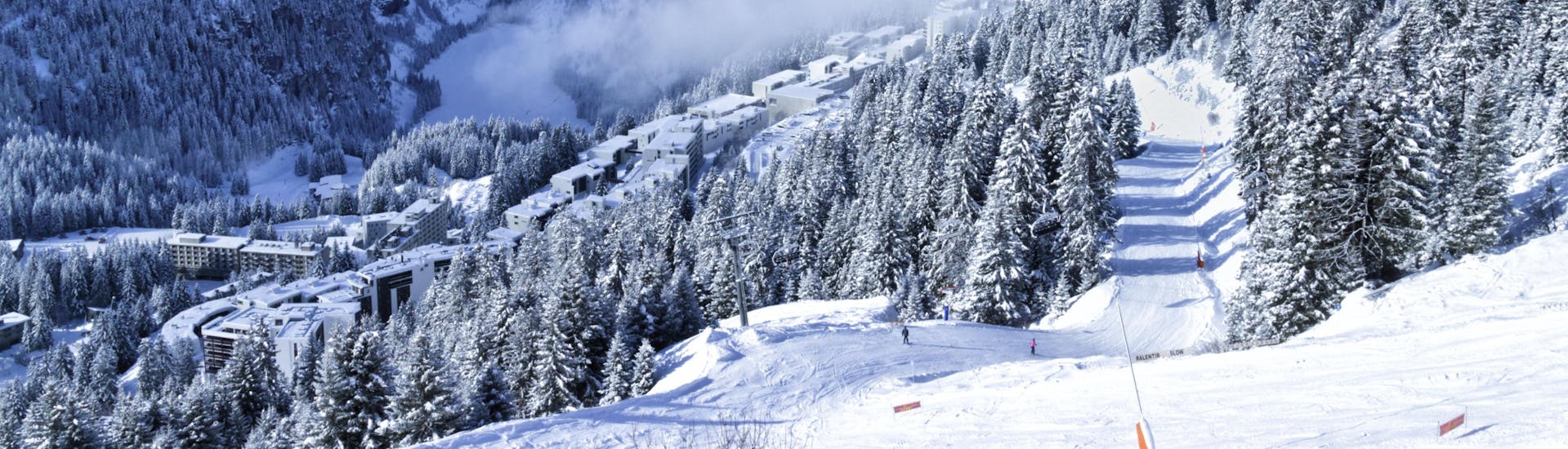 An image of the white winter landscape encountered in the ski resort of Flaine, where local ski schools take their students for their ski lessons.