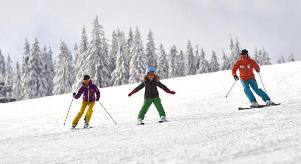 A family of two adults and one child is jointly skiing down a ski slope on Großer Arber, a popular German ski resort in which you can book ski lessons with one of the local ski schools.