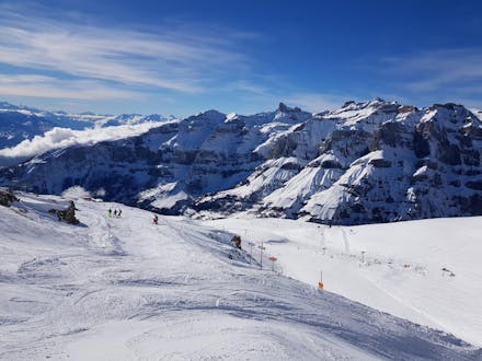 View of the Swiss ski resort Leukerbad-Torrent, where local ski schools offer their ski lessons.