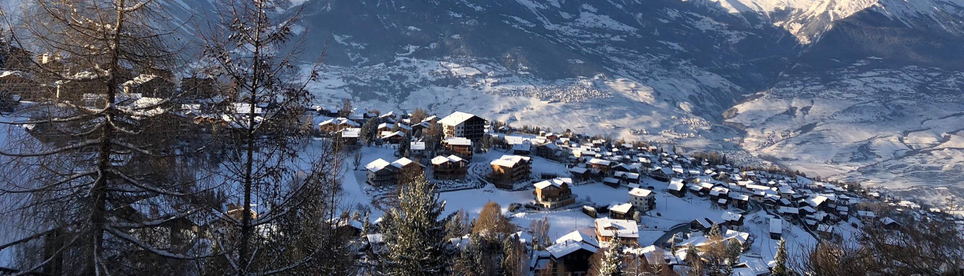 An aereal view of the ski resort of Nendaz-Siviez, a popular destination in the French-speaking part of Switzerland, where visitors can book ski lessons with one of the local ski schools.