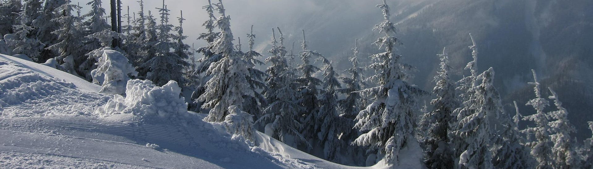 Ein Blick über die schneebedeckte Skipiste im Skigebiet Lackenhof-Ötscher, wo Skifahrer bei einer der örtlichen Skischulen einen Skikurs buchen können.